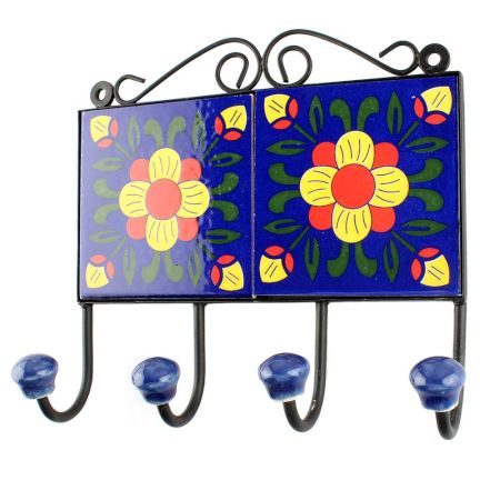 Navy Blue And Red Ceramic Floral Tiles Hook 